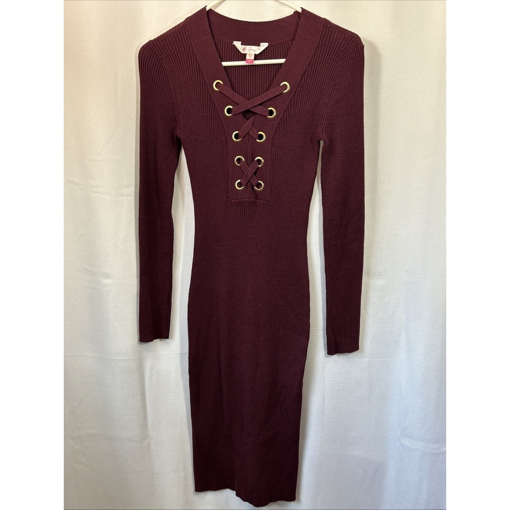 No Boundaries Juniors Burgundy Sweater Dress Stretchy Size XS/1 Lace Up V Neck